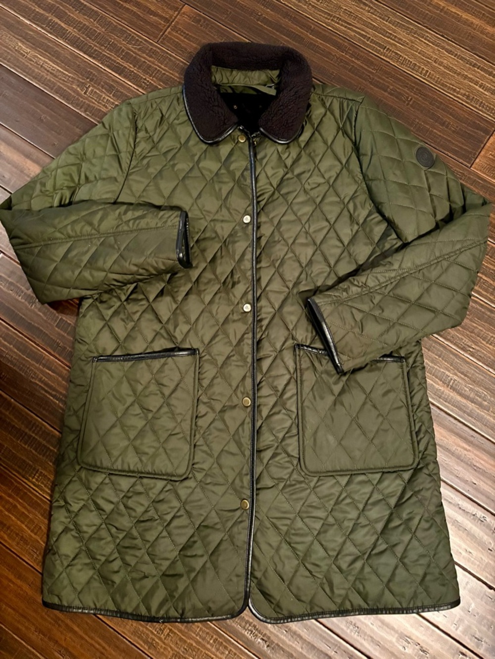 Lauren by Ralph Lauren Green Quilted Coat with Black Sherpa Collar Size Large
